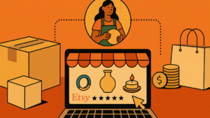 Flat digital illustration of an online shop interface with handmade products, surrounded by icons representing e-commerce activity