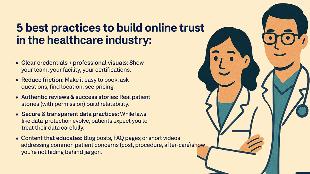 Illustration of two doctors next to text listing five best practices for building online trust in the healthcare industry.