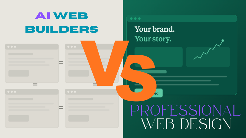 Split-screen comparison showing four identical grey template websites on the left labelled AI Web Builders versus a single custom-designed green website with brand messaging and analytics on the right labelled Professional Web Design