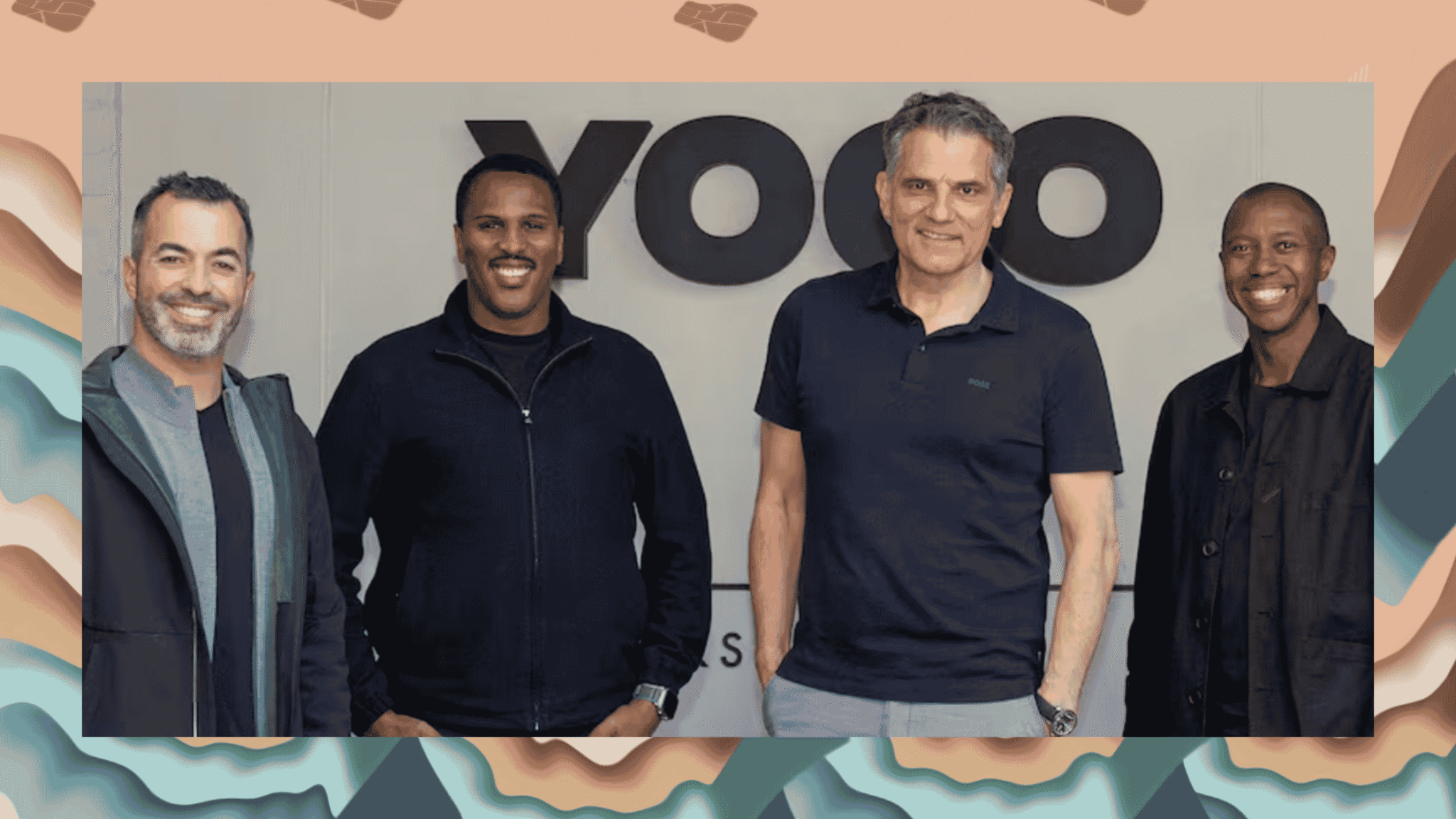 Four men standing together and smiling in front of a wall with the YOCO logo, set against a tan and teal decorative background with tap-to-pay icons.