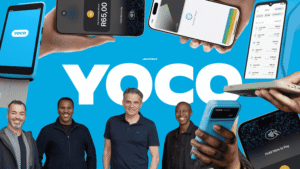 Yoco banner graphic with the YOCO wordmark in white on a blue background, surrounded by phone screens showing tap-to-pay and payment history interfaces, a card reader, and four men standing below the logo.